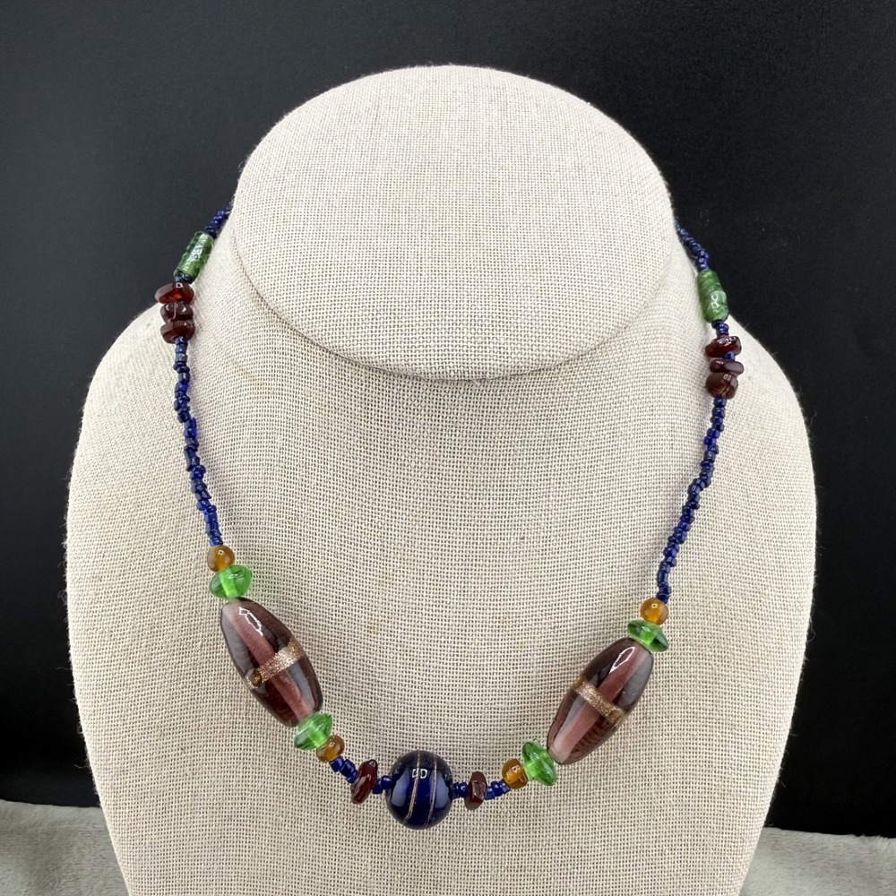 Vintage Estate Necklace Purple Green Glass Beaded Statement Hook Closure